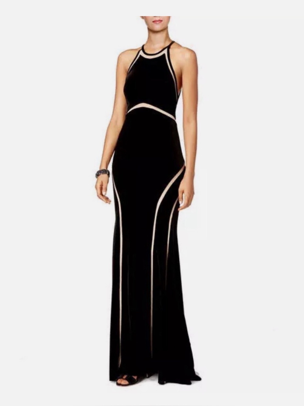 Elegant Black Halter Maxi Gown with Nude/Cream Illusion Trim - Size M